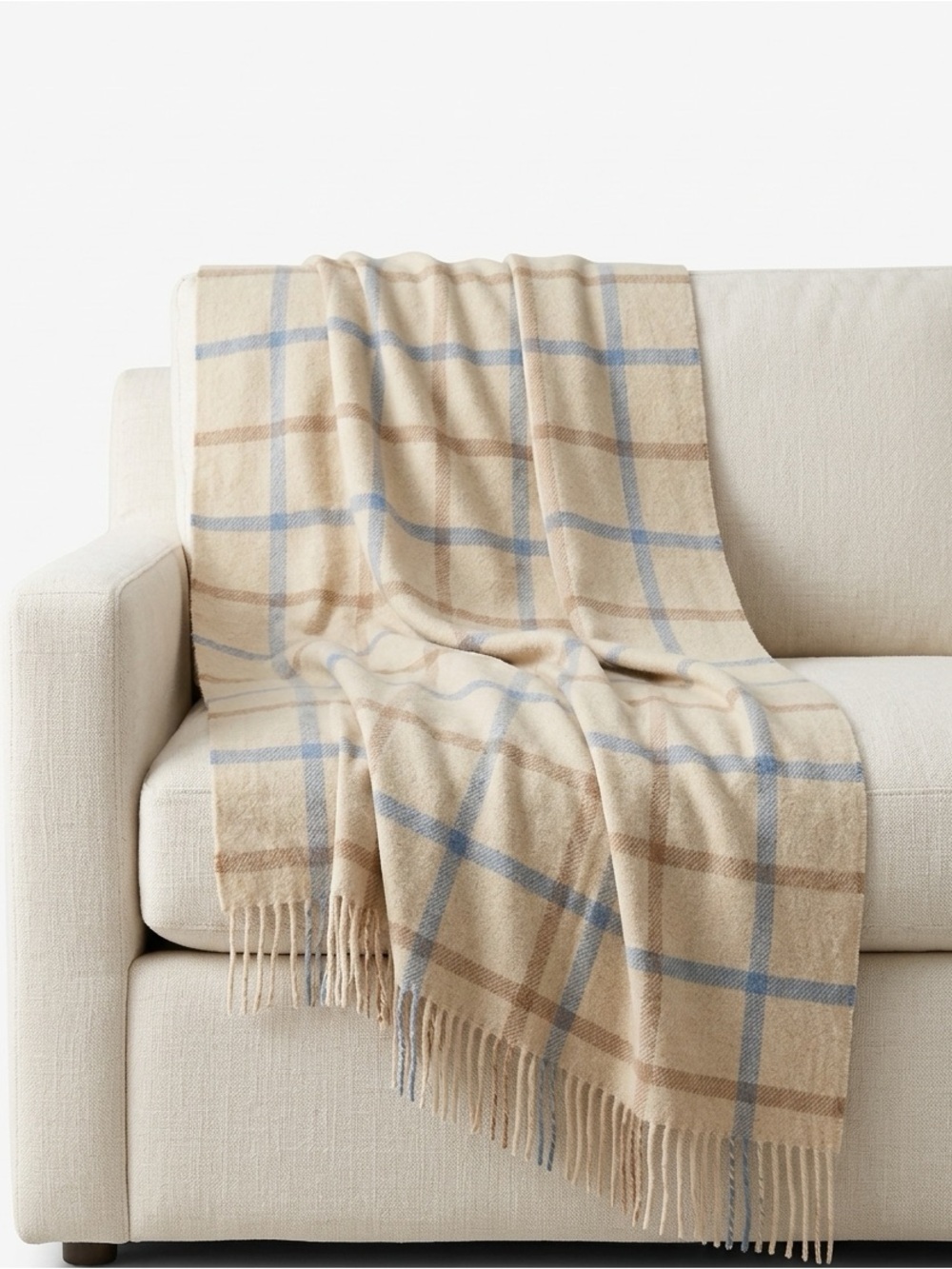 Lands' End Throw Blanket Vintage Fringe Plaid Lambswool Cream Blue 53x48